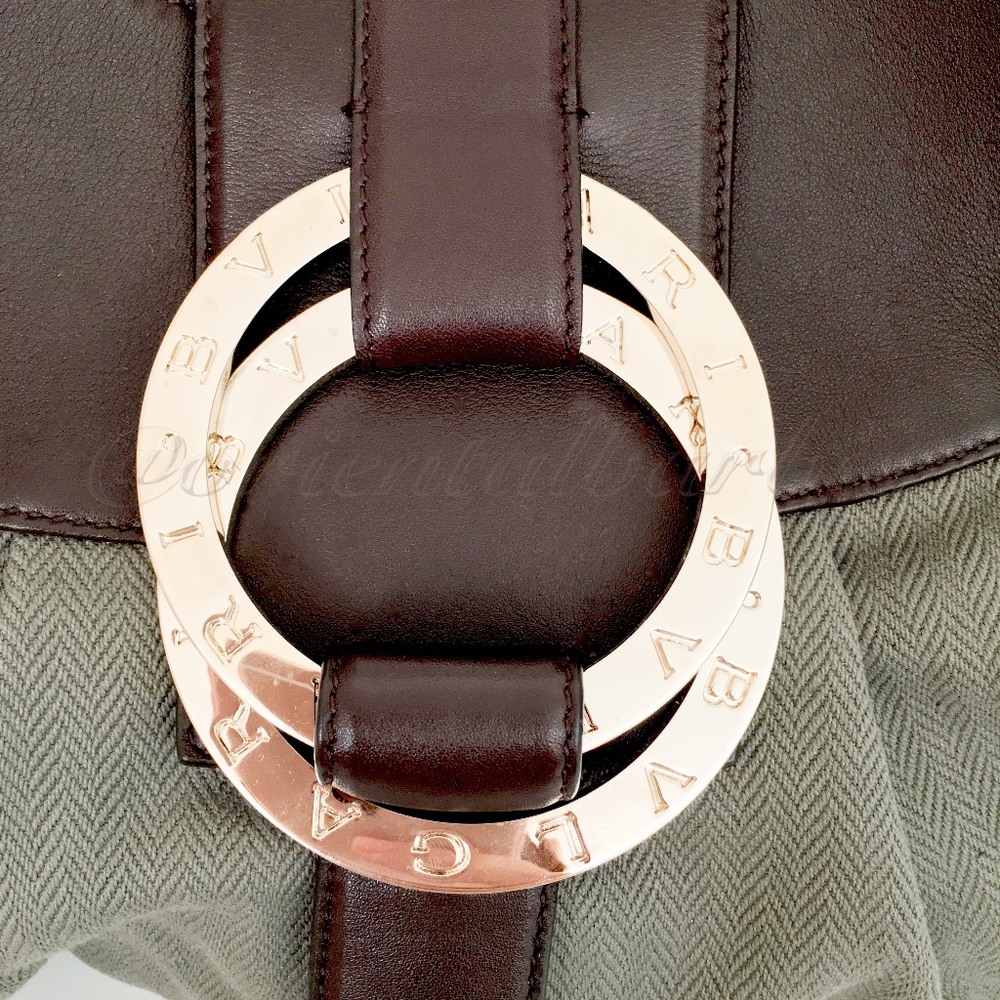 y2k vintage vhtf BVLGARI CHANDRA NEUTRAL CHVRON TAUPE CANVAS BROWN CALF LEATHER - Picture 6 of 8